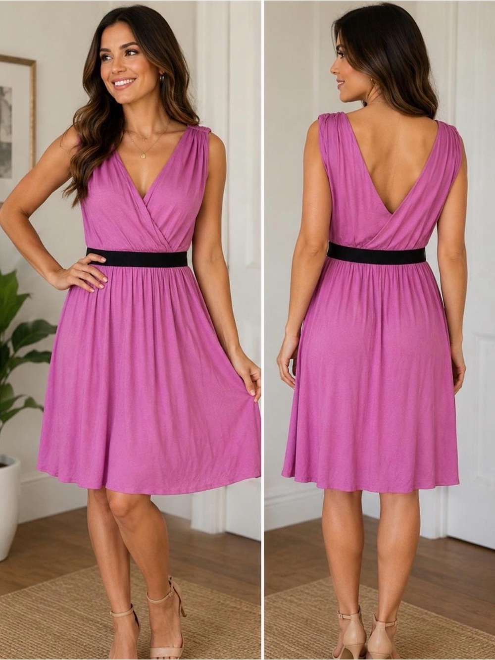 Ann Taylor LOFT Pink Micromodal Surplice Dress with Black Belt Size XS